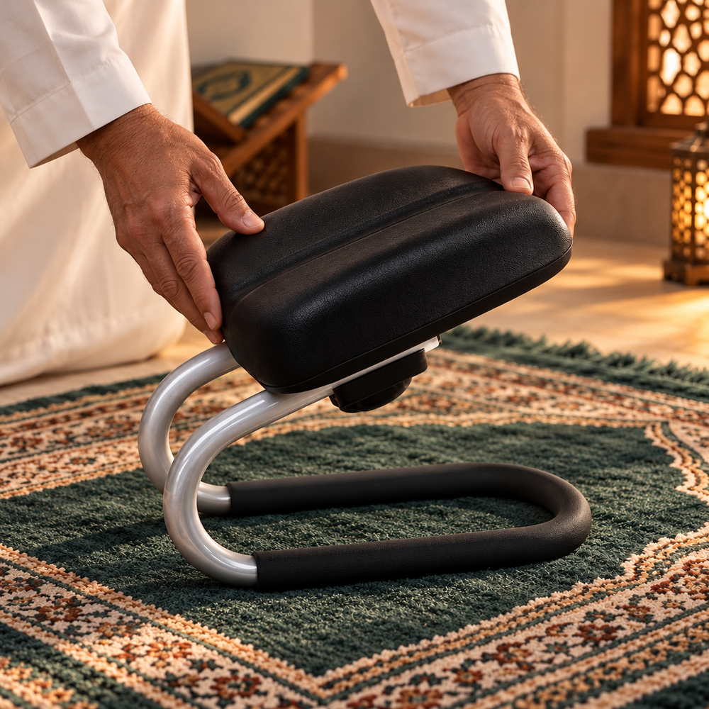 Deux mains posant le tabouret de prière sur un tapis