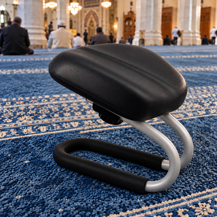 Un client tient le tabouret de prière à la main