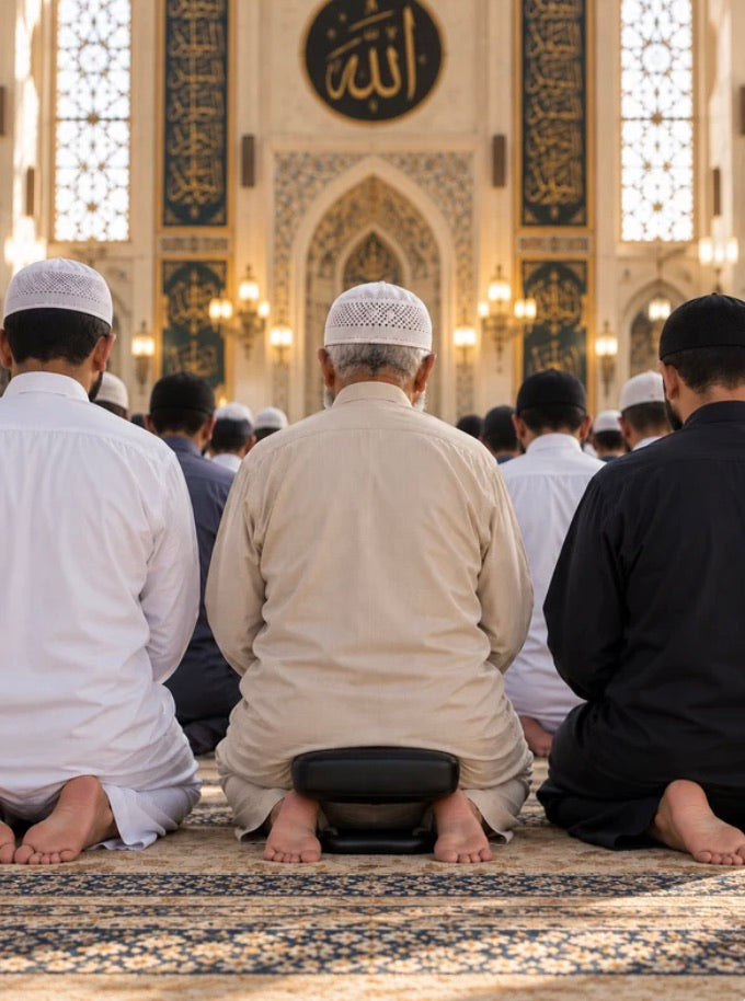 Le même rang de fidèles au sol, un tabouret Sakina parmi eux
