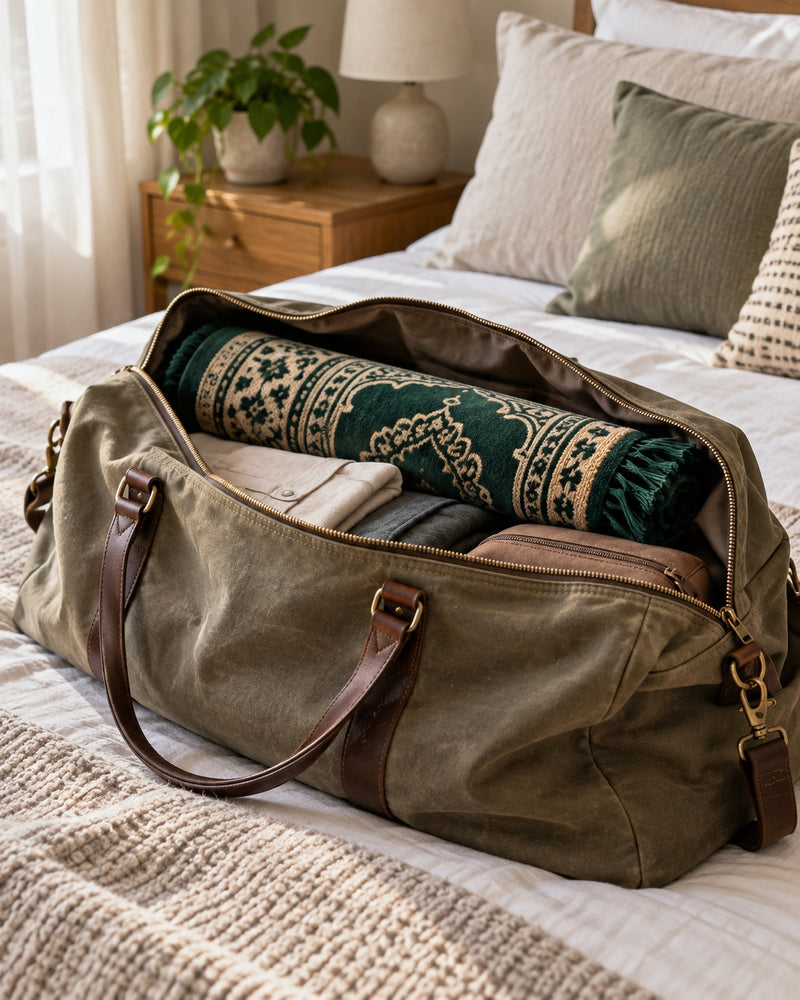 Une valise et un tapis de prière